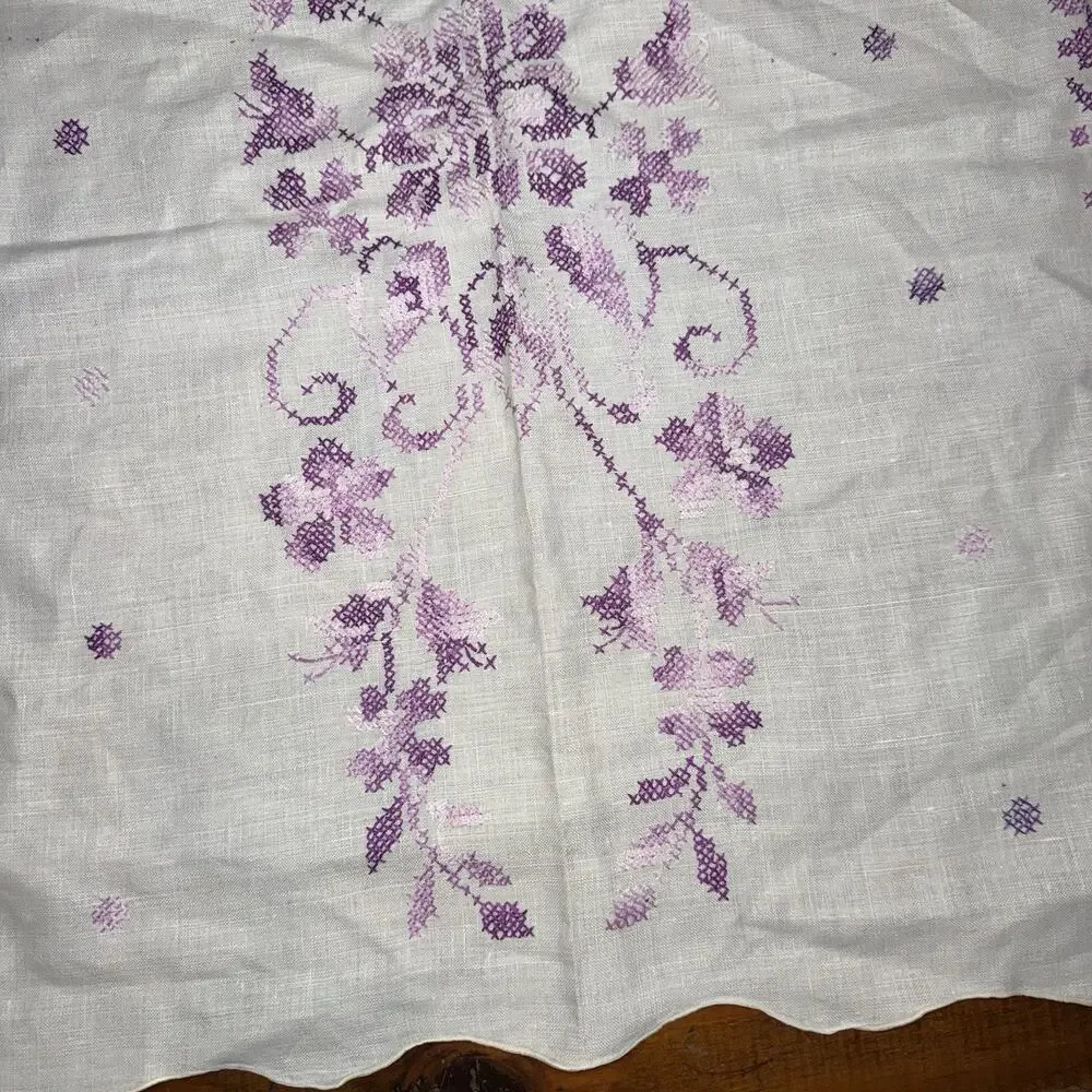 Vintage Linen Tablecloth Cross Stitch Floral Embroidery Purple 65x49